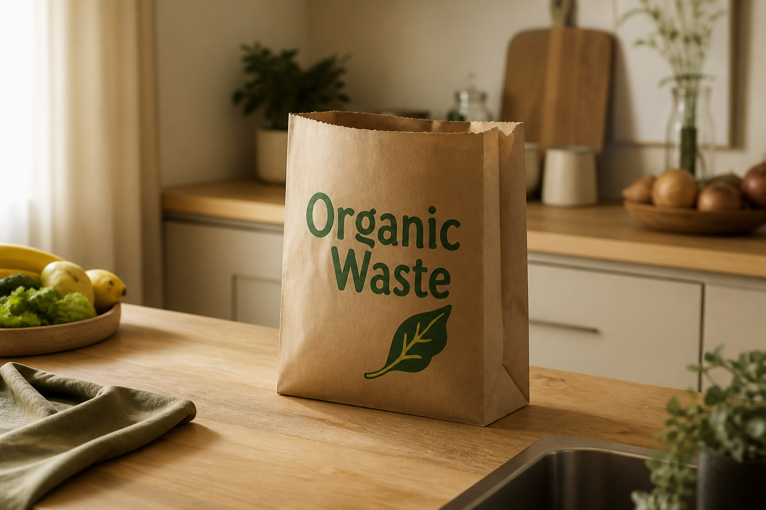 Organic Waste matavfallspåse på en köksbänk
